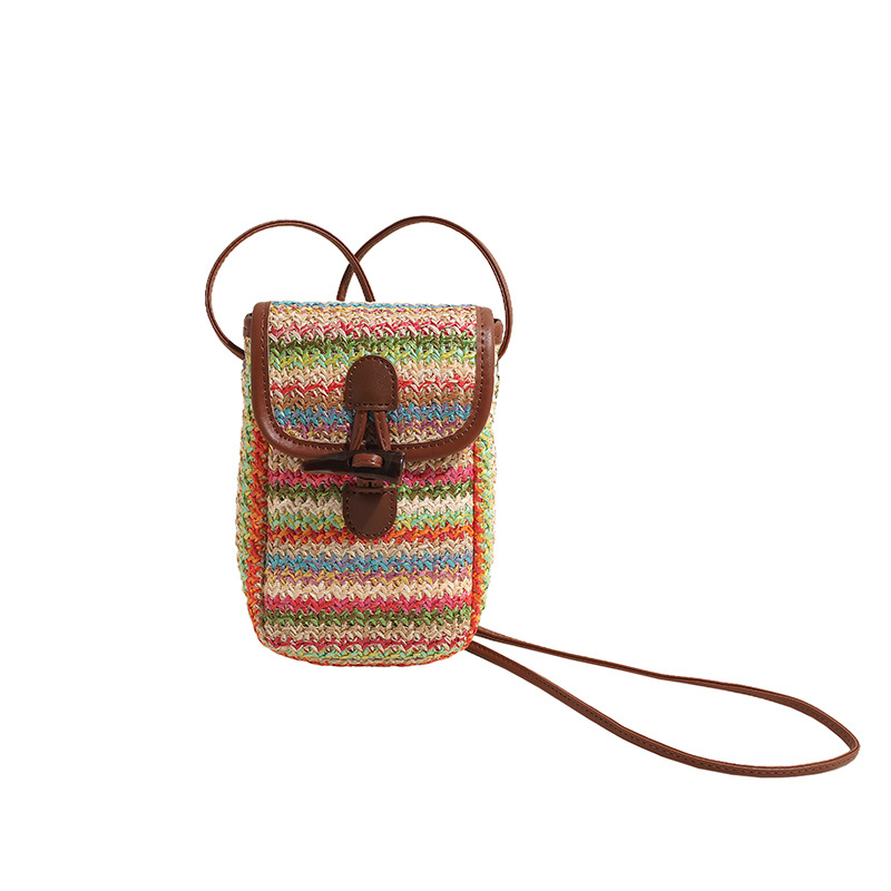 V888-ELOSUNG27557-202505131722-00 Colorful Boho Chic Woven Straw Crossbody Bag - Colourful Striped Mini Phone Pouch with Toggle Closure - Image 1