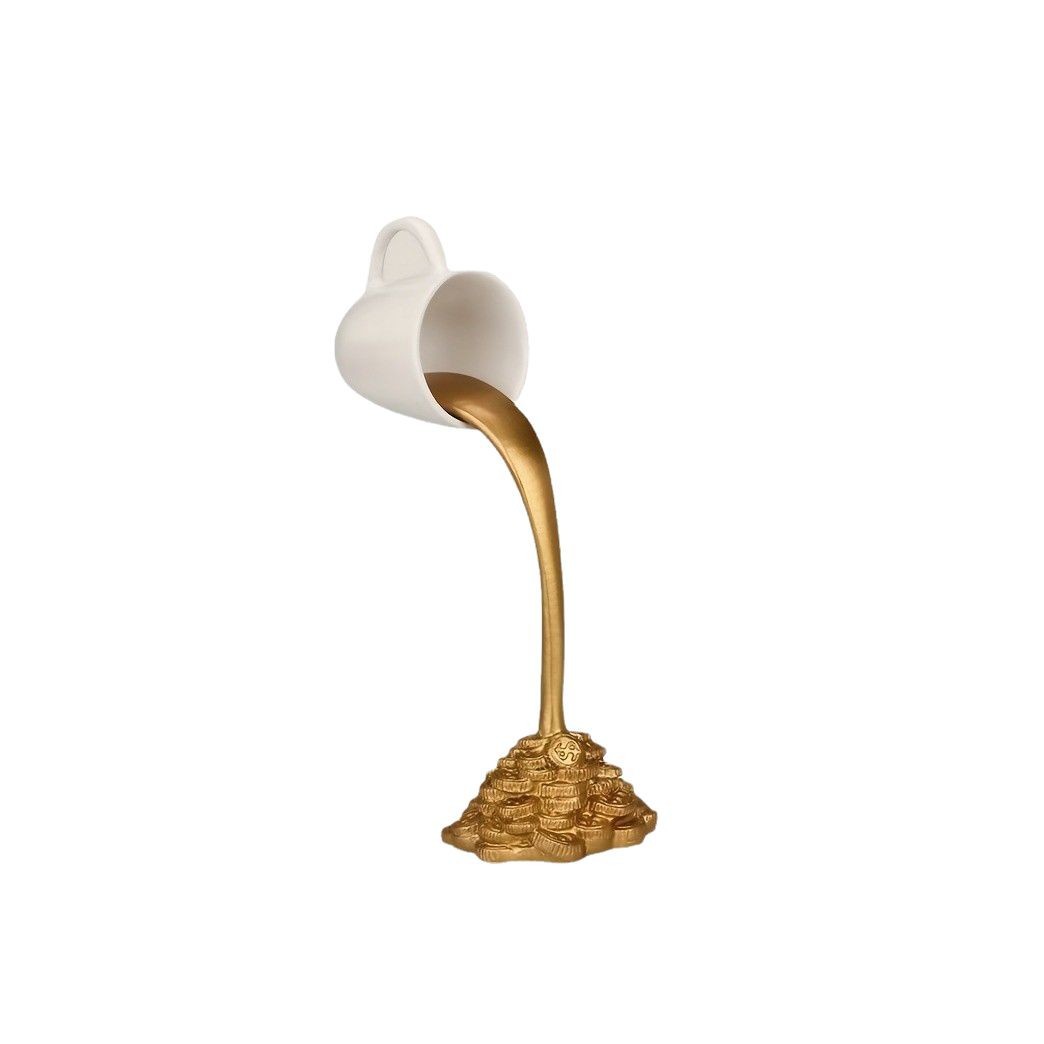 V888-ELOSUNG27611-202505132006-00 2 Pcs White Cup With Golden "Spill" And Base Magic Pouring Coffee Cup Sculpture - Unique Resin Tabletop Art Accent - Image 1