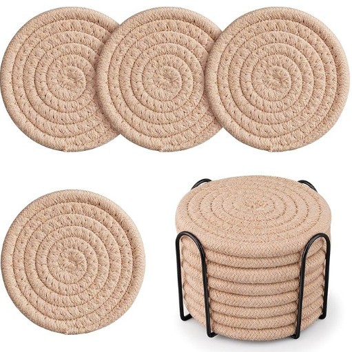 V888-ELOSUNG27631-202505151642-00 Beige Absorbent Woven Cotton Coasters - Set of 8 with Metal Holder - Heat Resistant Drink Mats for Table Protection - Image 1