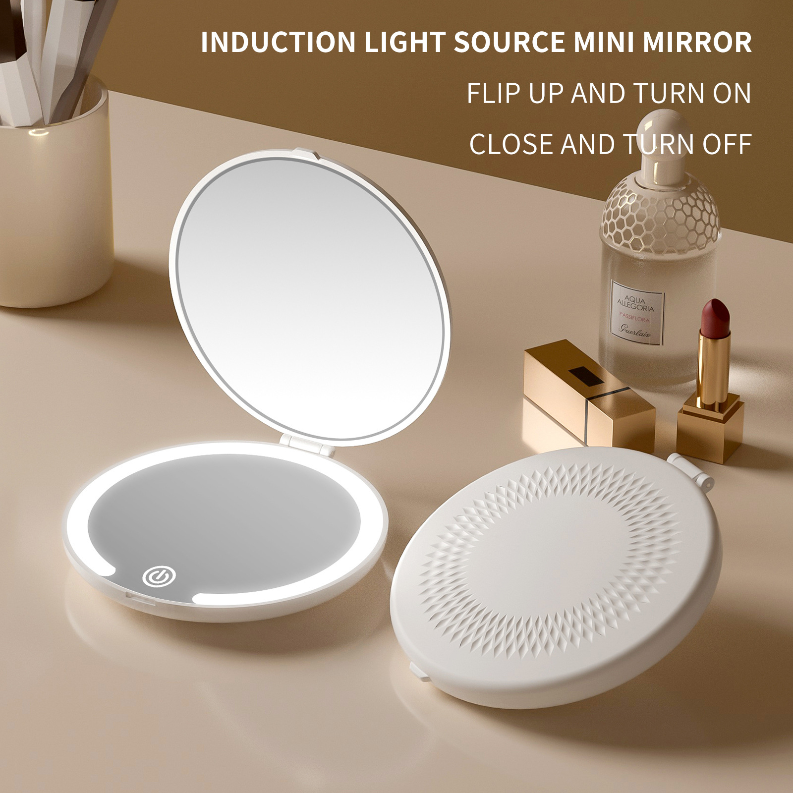 V888-ELOSUNG27702-202505151632-00 White LED Travel Makeup Mirror - Rechargeable Compact Mirror with 3 Color Lights, 1x/5x Magnification & Smart Auto On/Off - Image 1
