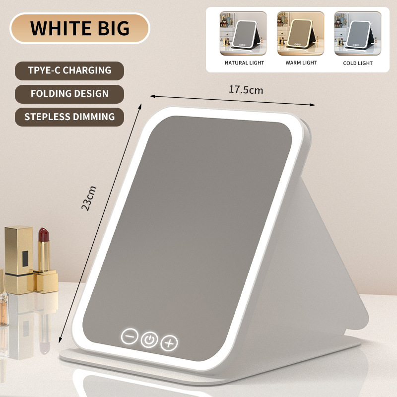 V888-ELOSUNG27705-202505151636-00 White Large Foldable LED Makeup Mirror - Portable Desktop Vanity with 3 Color Lights, Stepless Dimming & Adjustable Stand - Image 1