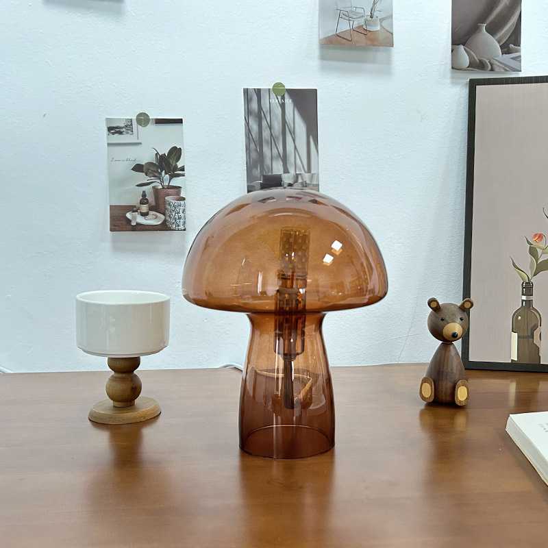 V888-ELOSUNG27752-202505191230-00 Brown Charming Retro Glass Mushroom Table Lamp - Vintage Nordic Style Bedside Light - Image 1