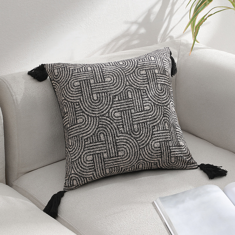 V888-ELOSUNG27820-202505191321-00 Black Chic Geometric Jacquard Cushion Covers with Tassels - Set of 2, Plush Blend for Sofa & Bed Decor (45x45cm, Insert Not Included) - Image 1