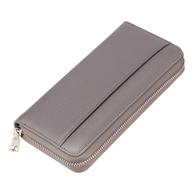 V888-ELOSUNG27842-202505191337-00 Grey Premium Genuine Leather RFID Blocking Long Wallet - Unisex Multi-Card Organizer Clutch with Zip-Around Closure - Image 1