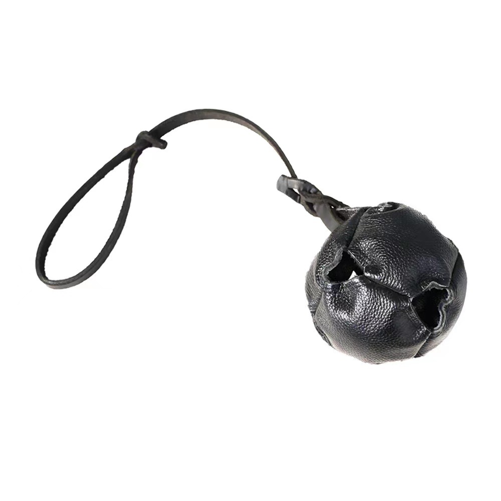 V888-ELOSUNG27883-202505231111-00 Black Durable Leather Dog Training Ball with Loop Handle - Interactive Bite & Tug Toy for Playful Pups - Image 1