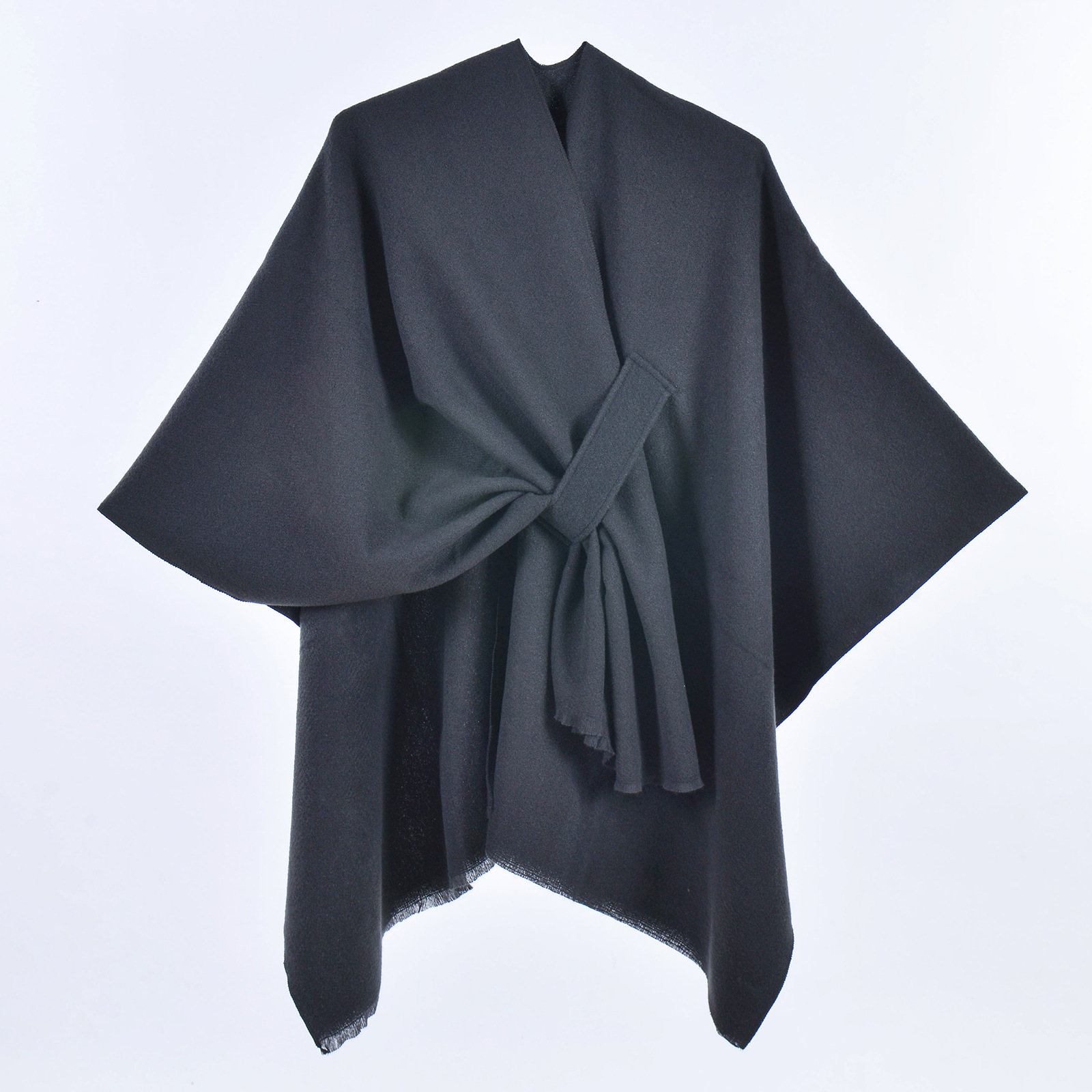 V888-ELOSUNG27895-202505231132-00 Black Elegant Soft Knit Poncho Cape - Warm Autumn Winter Shawl Wrap with Side Tie, Thick & Luxurious Feel - Image 1