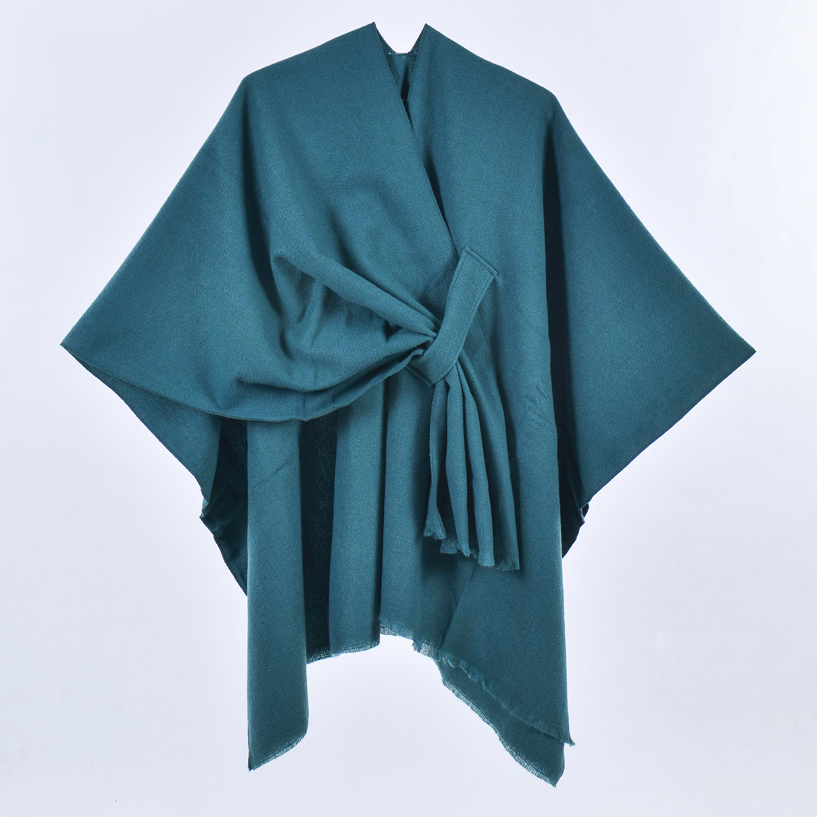 V888-ELOSUNG27897-202505231135-00 Dark Green Elegant Soft Knit Poncho Cape - Warm Autumn Winter Shawl Wrap with Side Tie, Thick & Luxurious Feel - Image 1