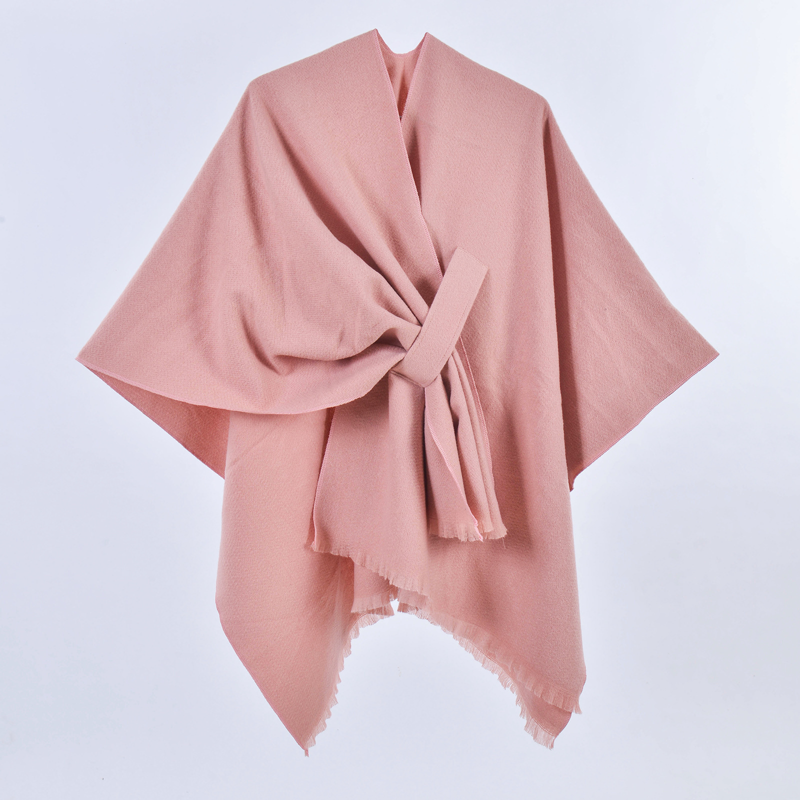 V888-ELOSUNG27898-202505231135-00 Pink Elegant Soft Knit Poncho Cape - Warm Autumn Winter Shawl Wrap with Side Tie, Thick & Luxurious Feel - Image 1