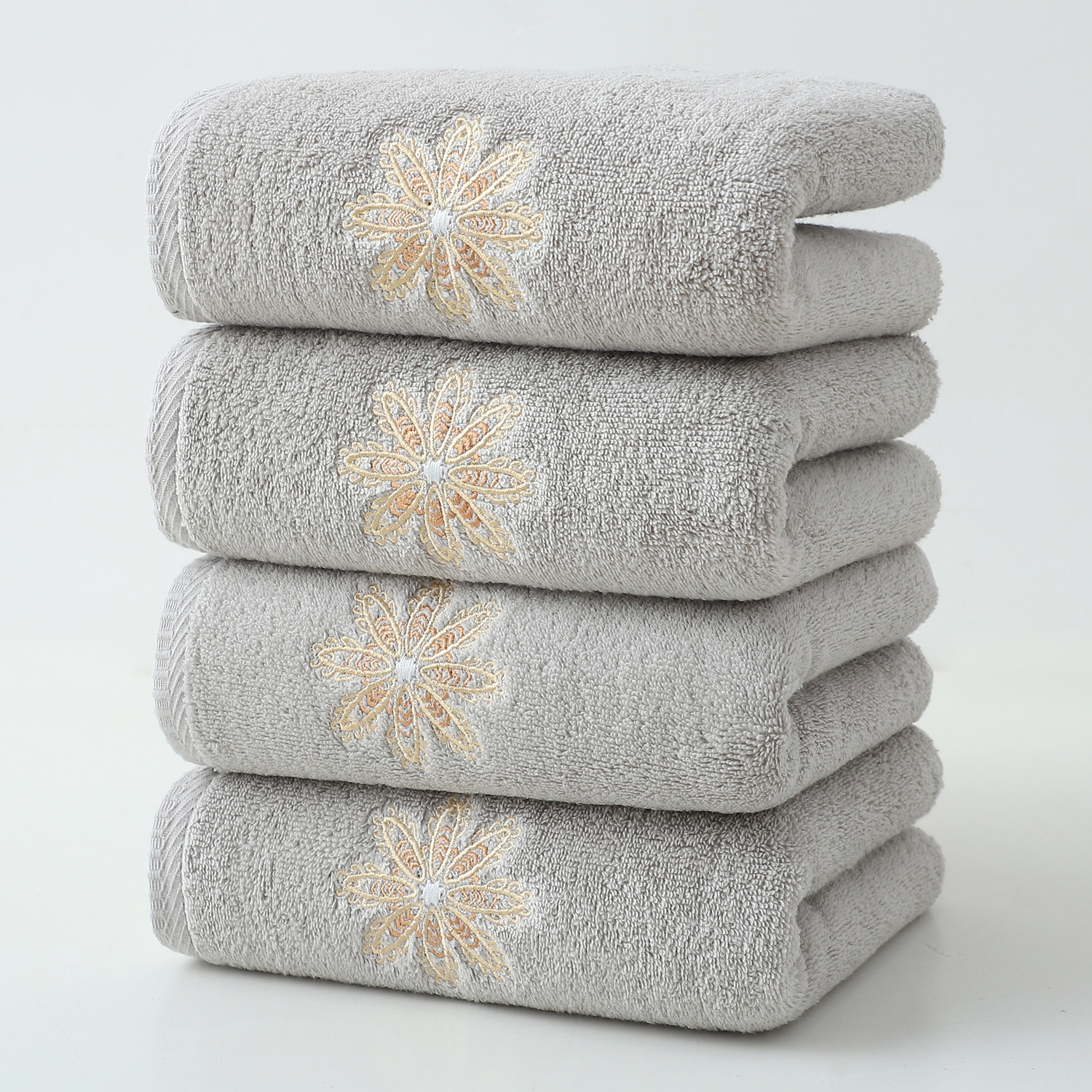 V888-ELOSUNG27932-202505231305-00 Grey 4-Pack Elegant Glod Floral Embroidered Cotton Hand Towels - Ultra Soft & Absorbent - Image 1