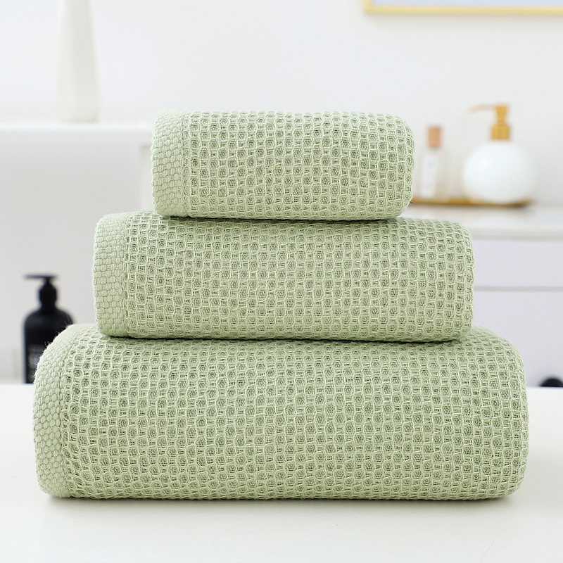 V888-ELOSUNG27943-202505231312-00 Green Premium 3-Piece Waffle Weave Cotton Towel Set - Lightweight, Quick-Dry & Absorbent - Bath, Hand, Face Cloth - Image 1