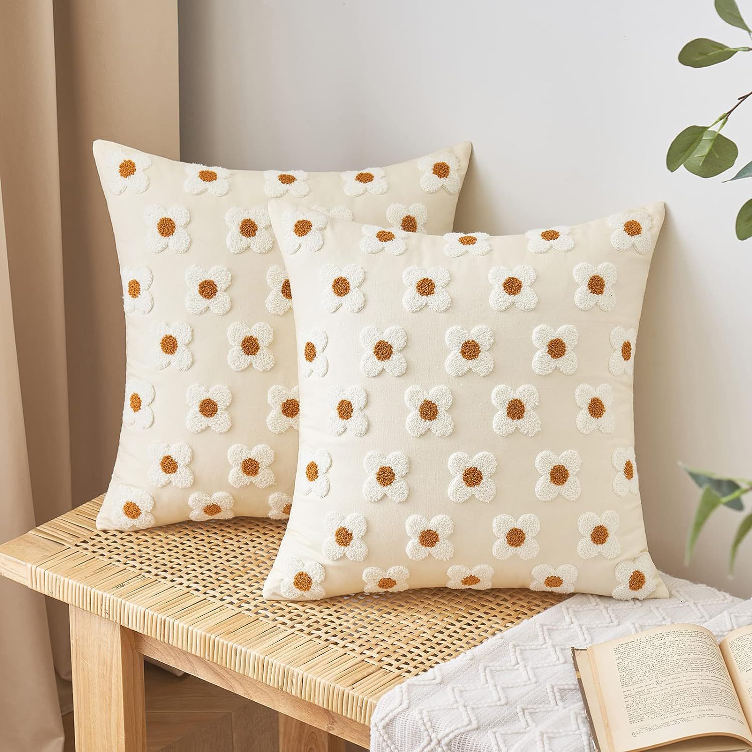 V888-ELOSUNG27975-202505231136-00 Beige and Khaki Charming 3D Daisy Embroidered Canvas Cushion Covers - Set of 2, 45x45cm Soft Textured Decorative Pillowcases - Image 1