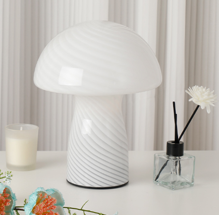 V888-ELOSUNG28089-202504281212-00 Stripe-Pure White Retro Swirl Glass Mushroom Table Lamp - LED Bedside Night Light - Image 1