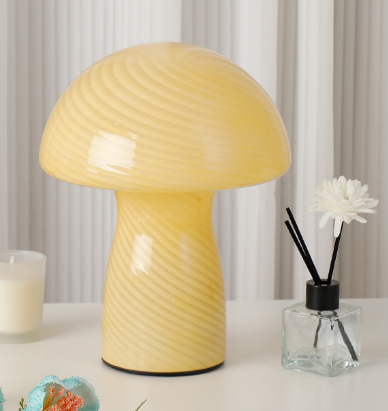 V888-ELOSUNG28090-202504281341-00 Stripe-Pure Yellow Retro Swirl Glass Mushroom Table Lamp - LED Bedside Night Light - Image 1