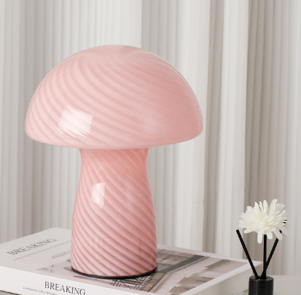V888-ELOSUNG28095-202504281353-00 Stripe-Pure Pink Retro Swirl Glass Mushroom Table Lamp - LED Bedside Night Light - Image 1
