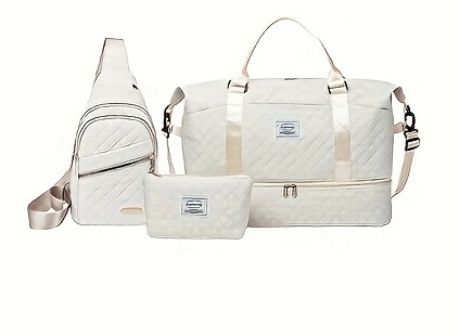V888-ELOSUNG28136-202504281540-00 Beige Stylish 3-Piece Quilted Travel Bag Set - Weekender Duffel with Shoe Compartment, Sling Bag & Cosmetic Pouch - Image 1