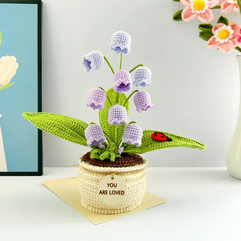 V888-ELOSUNG28176-202504281225-00 Purple Handmade Crochet Lily of the Valley Potted Plant - Gradient Blue Flower Decor Gift - Image 1