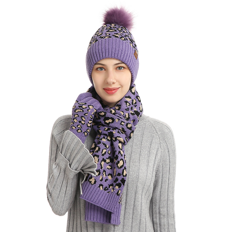 V888-ELOSUNG28178-202504281235-00 Purple Women's Leopard Print Winter Warm Knit Set - 3 Piece Fleece Lined Hat, Scarf & Gloves - Image 1