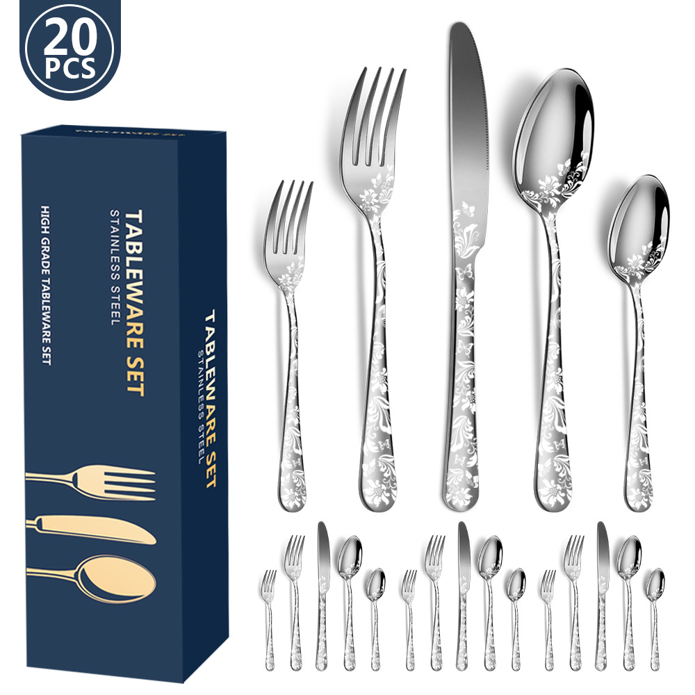 V888-ELOSUNG28242-202505061345-00 Silver Elegant 20-Piece Stainless Steel Cutlery Set with Floral Design - Dinner & Steak Knives, Forks, Spoons - Image 1