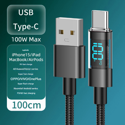 V888-ELOSUNG28305-202505071441-00 1 Meter USB To Type-C 4-Piece Set 1m 100W Super Fast Charge Transparent Aluminum Shell Digital Display Data Cable - USB Type-C Fast Charge Cable - Image 1