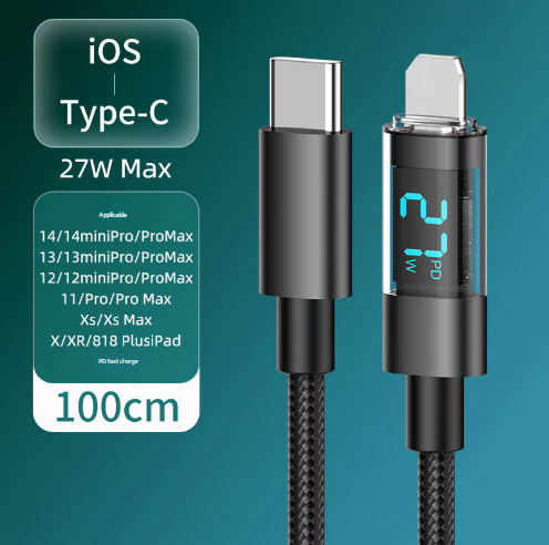 V888-ELOSUNG28307-202505071442-00 1 Meter IOS To Type-C 4-Piece Set 1m 100W Super Fast Charge Transparent Aluminum Shell Digital Display Data Cable - IOS Type-C Fast Charge Cable - Image 1