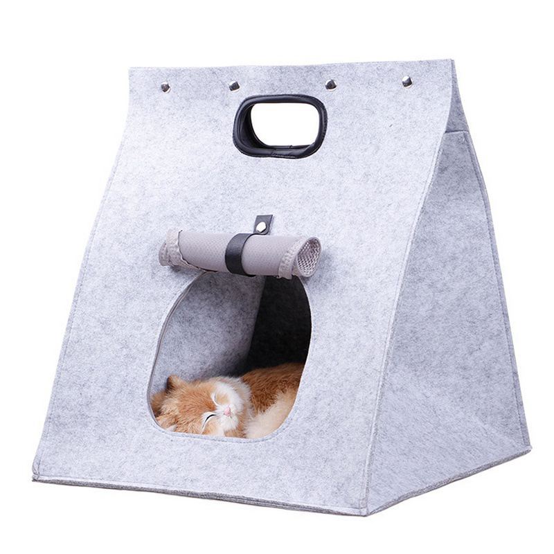 V888-ELOSUNG28315-202505071511-00 Grey Cozy A-Frame Felt Pet Teepee - Foldable & Portable Cat Cave Bed with Easy Carry Handle - Image 1