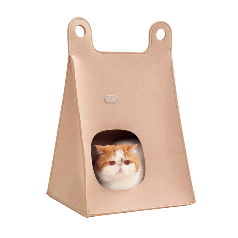 V888-ELOSUNG28318-202505071512-00 Khaki Cozy A-Frame Felt Pet Teepee - Foldable & Portable Cat Cave Bed with Easy Carry Handle - Image 1