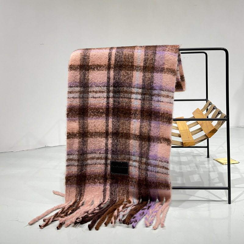 V888-ELOSUNG28380-202505131726-00 Purple-pink Plaid Color-Block Women's Scarf - Autumn/Winter Thick Warm Neck Wrap with Tassels - Image 1