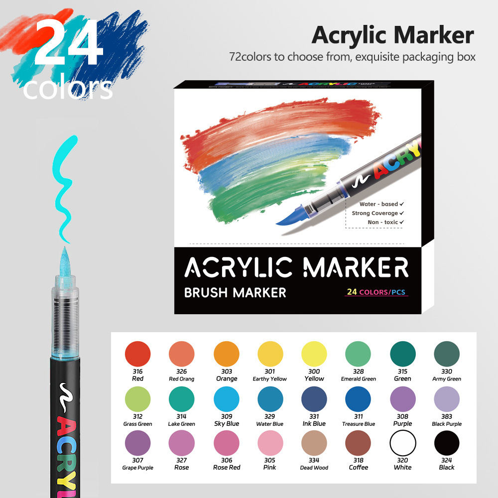 V888-ELOSUNG28415-202505131820-00 24 Colour Set Vibrant Cyan Acrylic Marker with Soft Brush Tip - 13.8 cm Professional Art Pen - Image 1