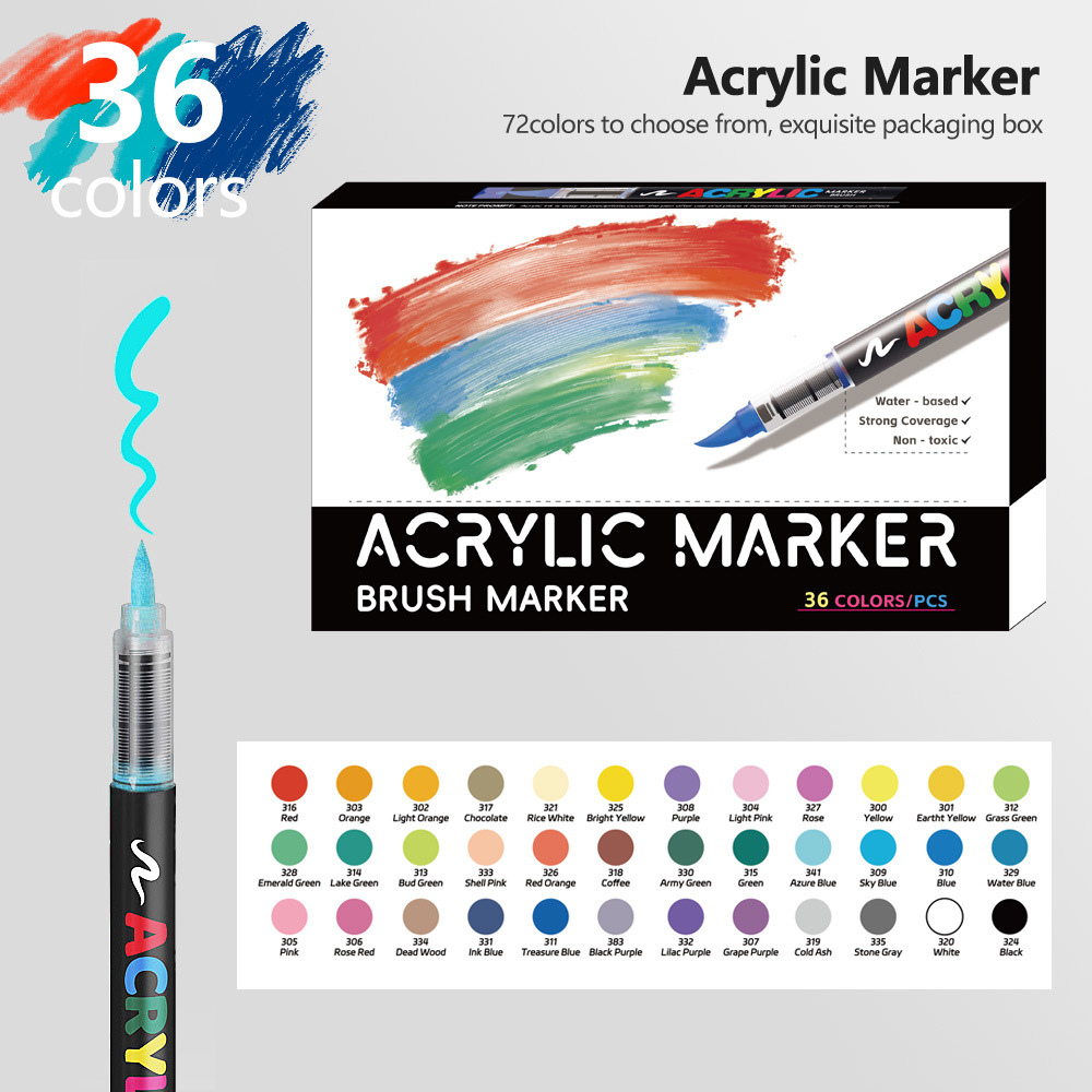 V888-ELOSUNG28416-202505131820-00 36 Colour Set Vibrant Cyan Acrylic Marker with Soft Brush Tip - 13.8 cm Professional Art Pen - Image 1