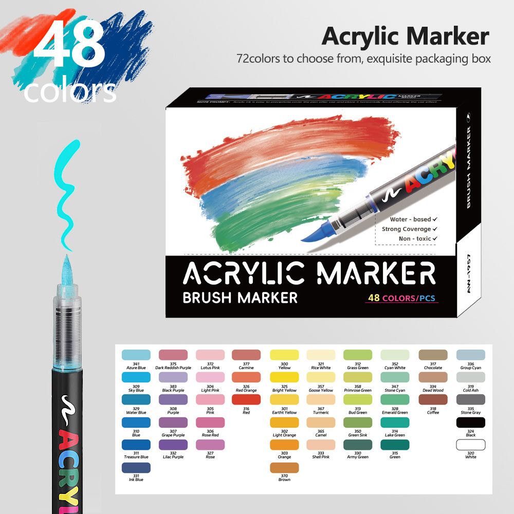 V888-ELOSUNG28417-202505131821-00 48 Colour Set Vibrant Cyan Acrylic Marker with Soft Brush Tip - 13.8 cm Professional Art Pen - Image 1