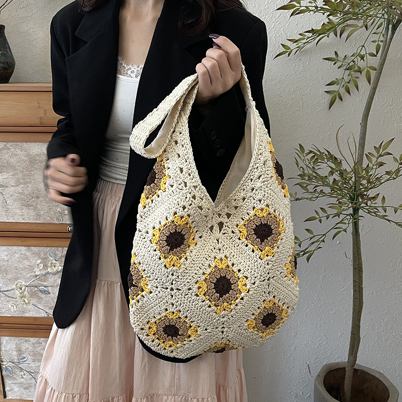 V888-ELOSUNG28482-202505131706-00 Yellow Flower-Patterned Cotton Crochet Tote Bag - Beach and Commute Essential - Image 1