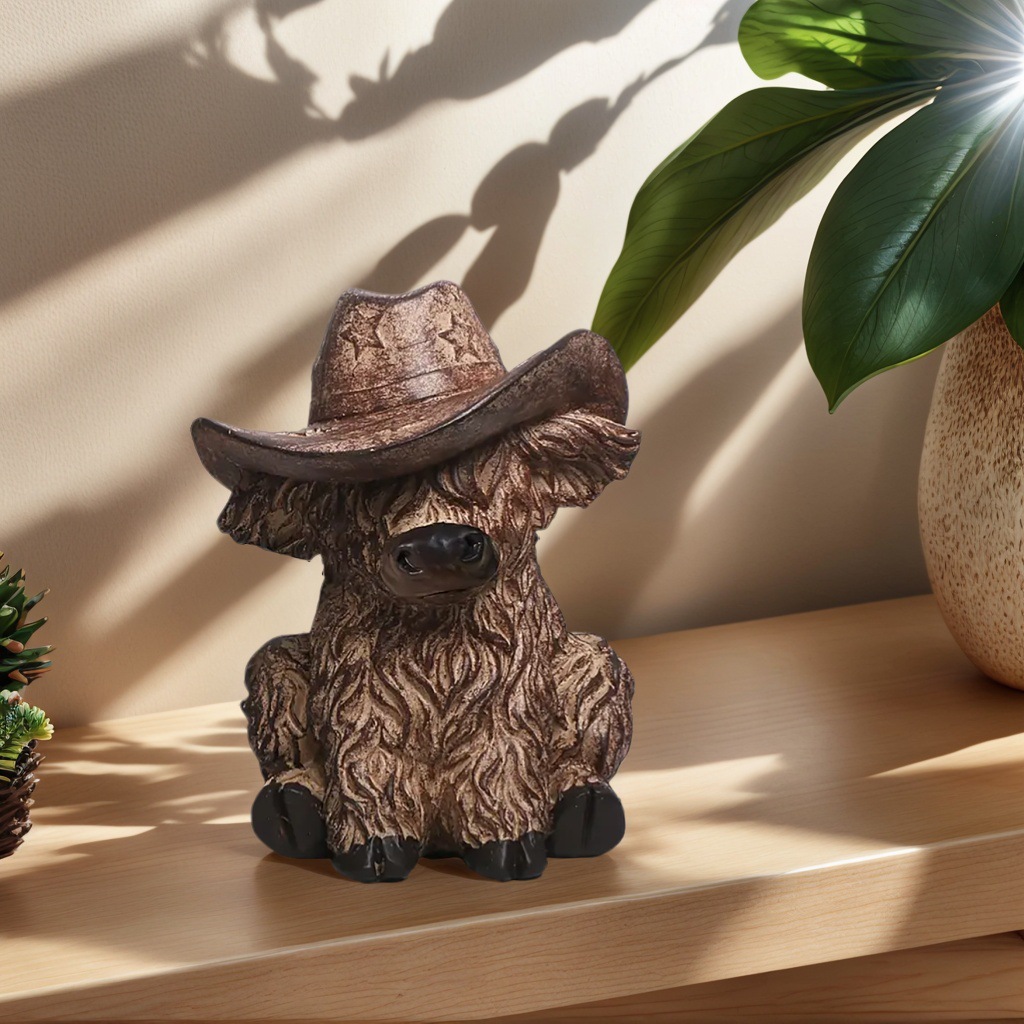 V888-ELOSUNG28490-202505131735-00 Highland Cow with Cowboy Hat Resin Statue - Rustic Farmhouse Garden Decor - Image 1