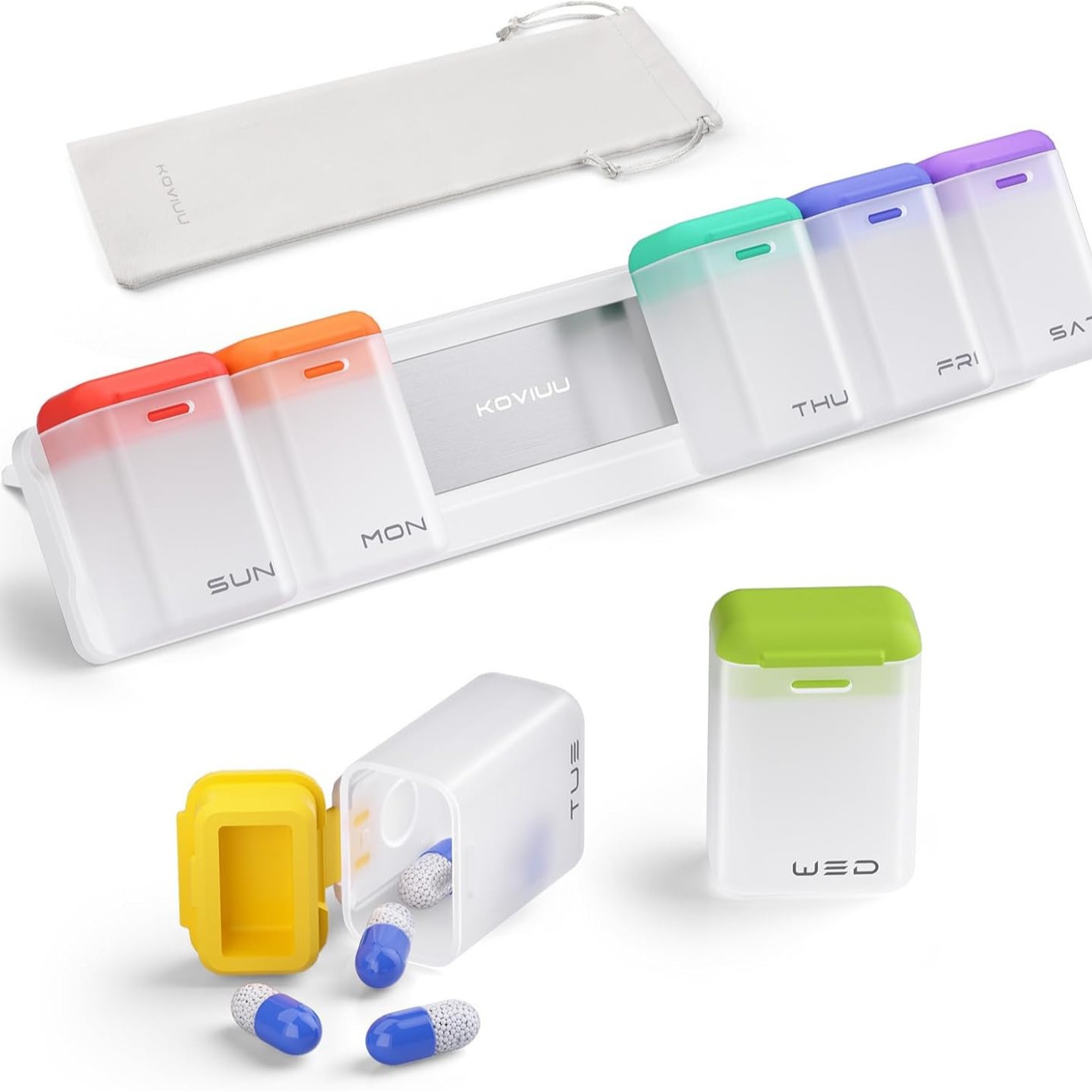 V888-ELOSUNG28496-202505131746-00 Transparent + Multicolor Cover Weekly Pill Organizer 1-Time-a-Day - Large Capacity Magnetic Closure Pill Box (246 x 49 x 23 mm) - Image 1