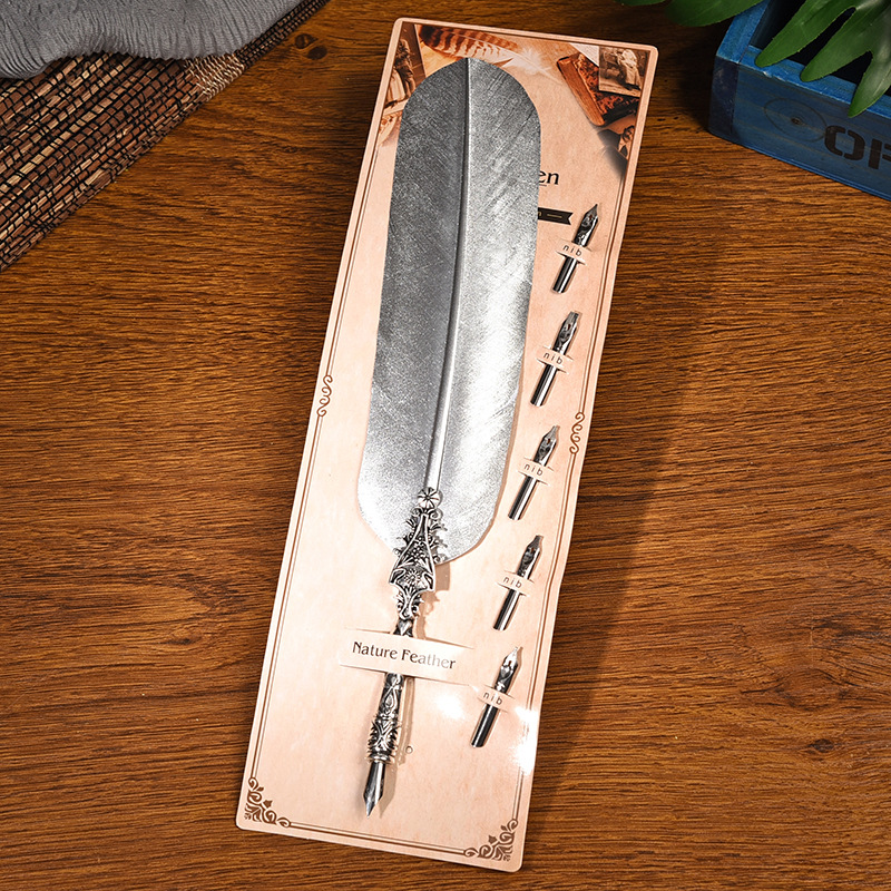V888-ELOSUNG28498-202505131759-00 Vulcan Silver European Dip Feather Quill Pen Set - 2-Piece Retro Business Gift Box with 5 Nib Sizes - Image 1