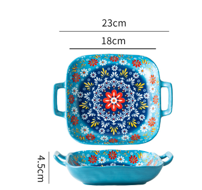 V888-ELOSUNG28762-202505231406-00 Green Gullicent 9-Inch Bohemian Ceramic Double-Handled Square Plate - Image 1