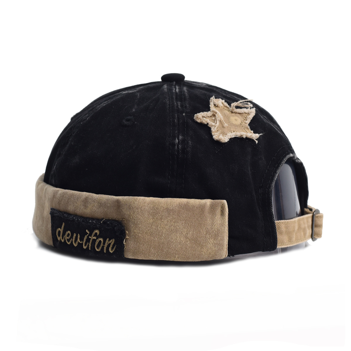 V888-ELOSUNG29065-202505191145-00 Vintage Washed Cotton Docker Cap - Unisex Brimless Beanie Hat with Star Patch(Black) - Image 1