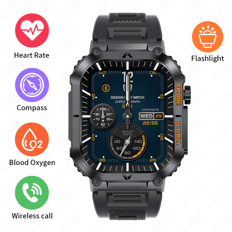 V888-ELOSUNG29077-202505231146-00 Smartwatch with Flashlight, Compass & Wireless Calling - Health & Fitness Tracker(Black silicone with black case) - Image 1