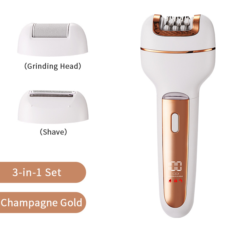 V888-ELOSUNG29393-202505301146-00 3-in-1 Ladies Electric Epilator, Shaver & Callus Remover with LED Display - Rechargeable & Waterproof(Gold) - Image 1