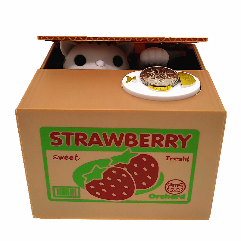 V888-ELOSUNG29706-202506111508-00 Adorable Cat Stealing Coin Piggy Bank - Automatic Money Saving Box for Kids & Adults(Strawberry white cat) - Image 1