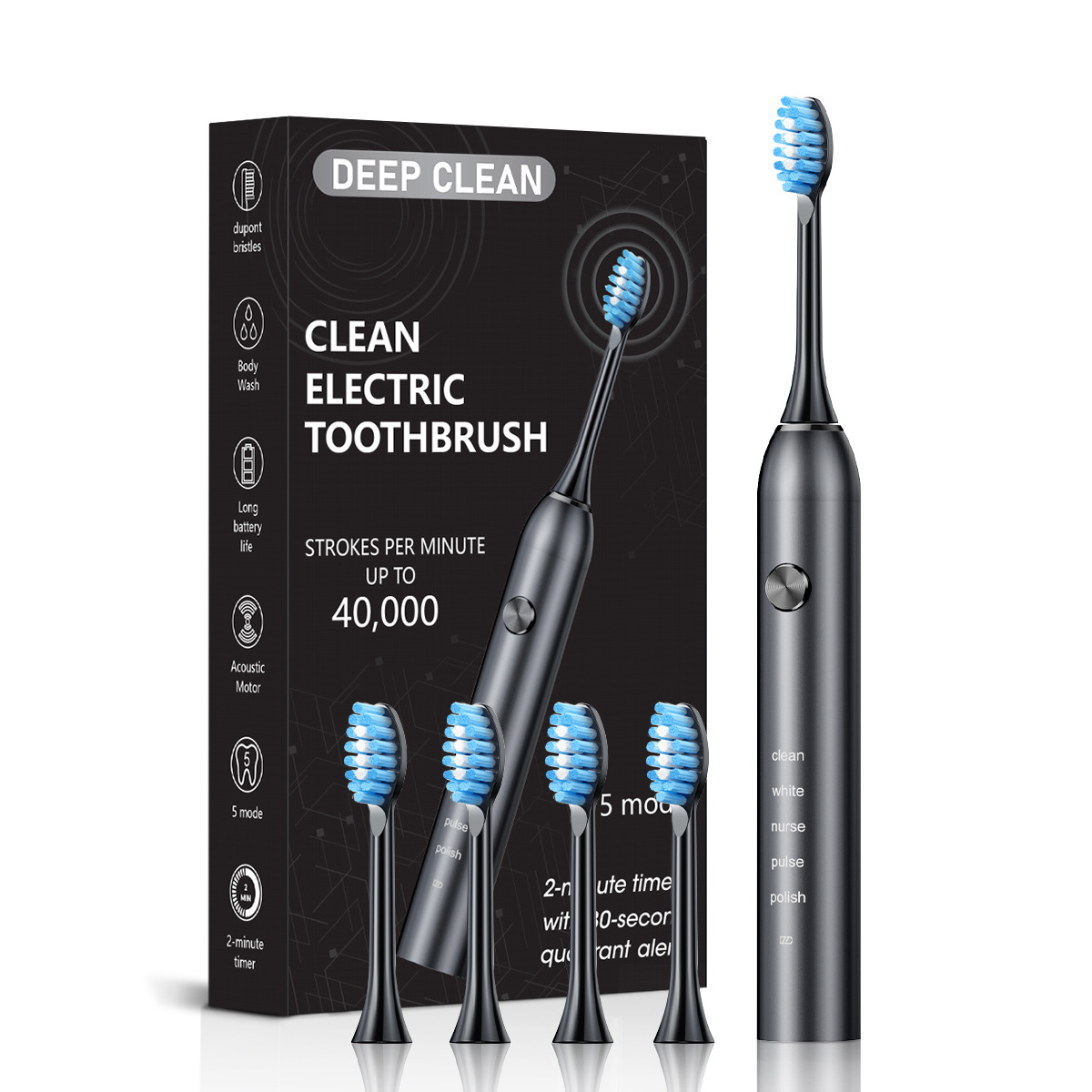 V888-ELOSUNG29722-202506190716-00 Professional Sonic Electric Toothbrush - 5 Modes, 40000 VPM, 180-Day Battery, IPX7 Waterproof with 4 Brush Heads(black) - Image 1