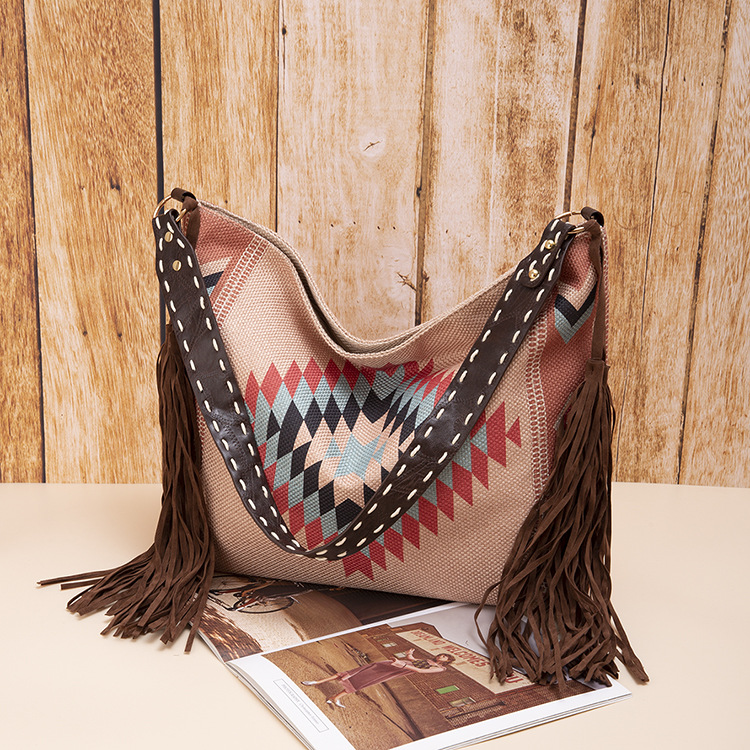 V888-ELOSUNG29788-202506190652-00 Bohemian Style Canvas Hobo Bag with Tassels & Geometric Print - Large Capacity Shoulder Bag(Khaki) - Image 1
