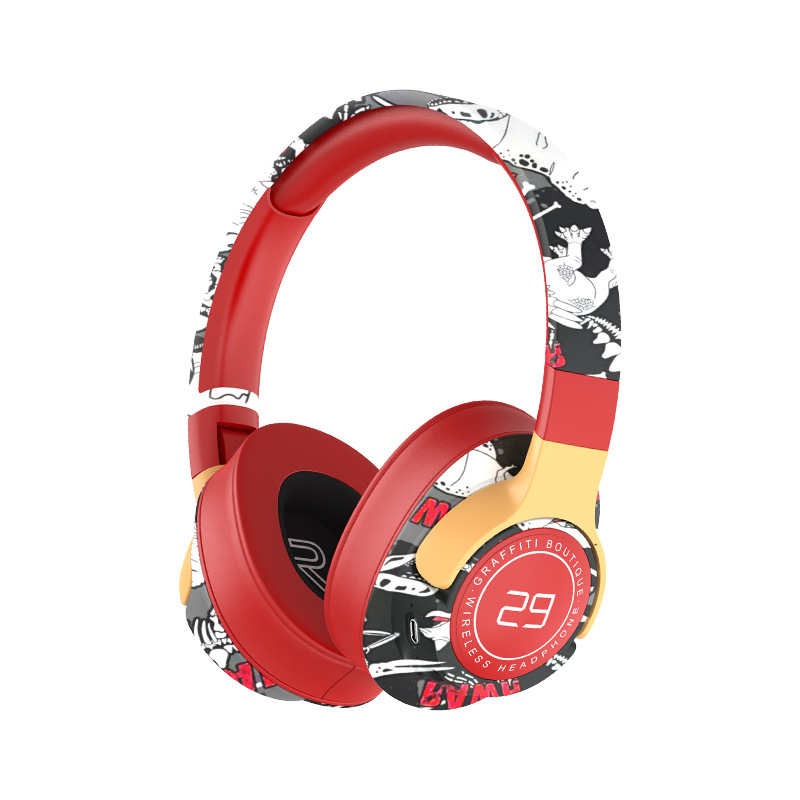 V888-ELOSUNG29919-202506191138-00 Trendy Graffiti Wireless Over-Ear Headphones - Bluetooth 5.1, HIFI 360 Surround Sound, 12H Playtime, Low Latency(red) - Image 1