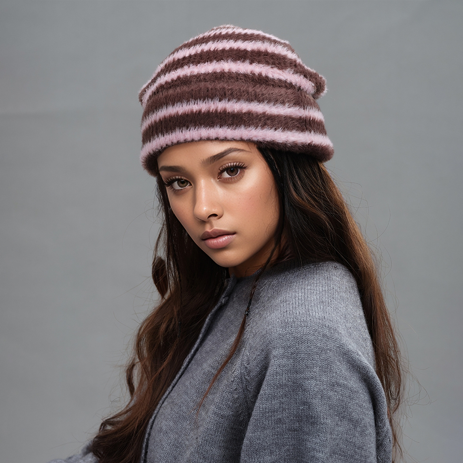 V888-ELOSUNG31026-202505191330-00 Trendy Dual-Tone Striped Beanie - Soft Plush Knit, Versatile Winter Cap (Pink and brown) - Image 1