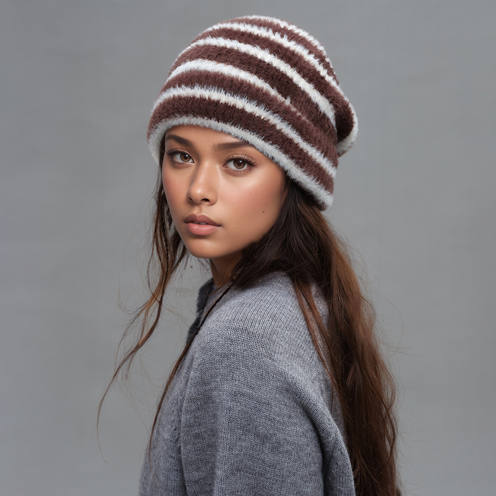 V888-ELOSUNG31027-202505191330-00 Trendy Dual-Tone Striped Beanie - Soft Plush Knit, Versatile Winter Cap (Brown and white) - Image 1