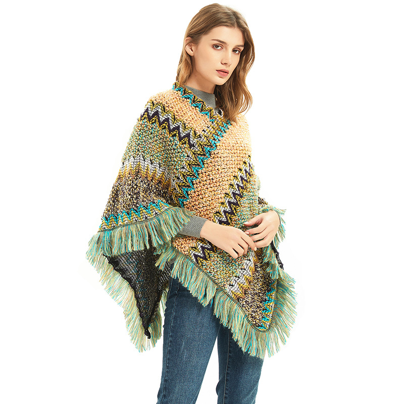 V888-ELOSUNG31053-202505231215-00 Light yellow-green Lightweight Chevron Knit Poncho for Women - Elegant Fringed Shawl Wrap - Image 1