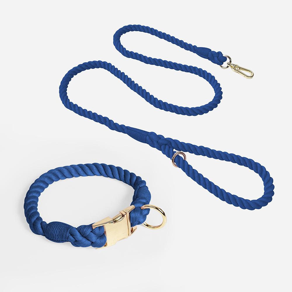 V888-ELOSUNG31087-202505231235-00 Handmade Gradient Rope Dog Collar & Leash Set - Colorful Braided Cotton (Navy blue - Size M) - Image 1