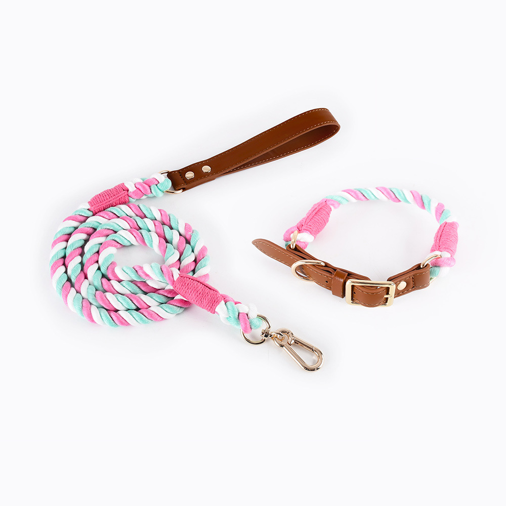 V888-ELOSUNG31175-202505281121-00 Premium Leather Pet Collar and Leash - Soft, Strong Braided Rope (Pink green - Size L) - Image 1