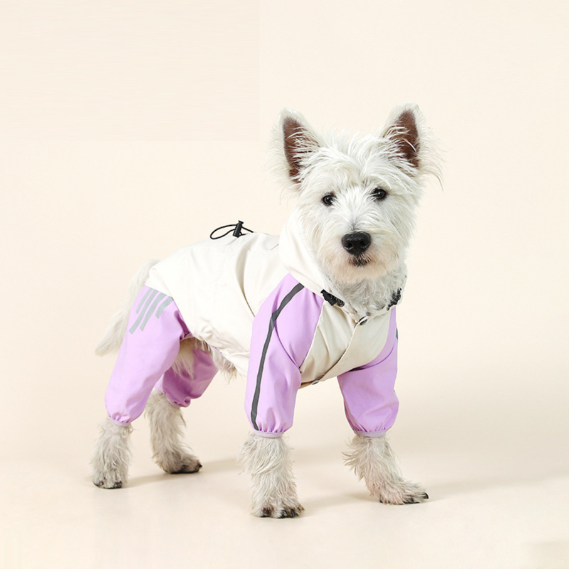 V888-ELOSUNG31189-202505281126-00 Colorblock (White Purple) Dog Raincoat - Waterproof with Hood and Reflective Strips (Size L) - Image 1