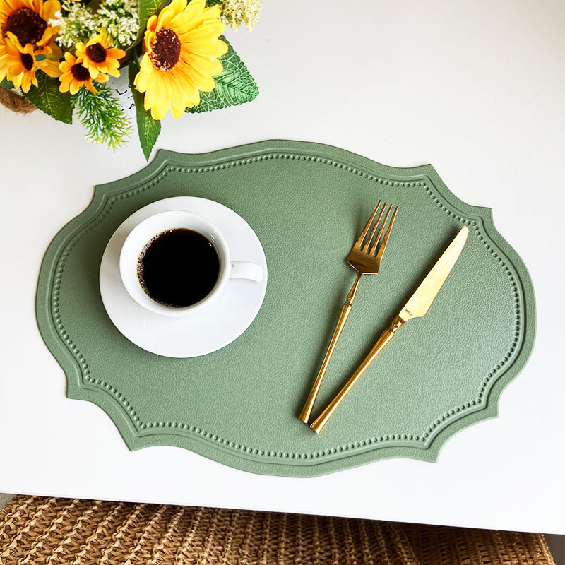 V888-ELOSUNG31201-202505281033-00 4 pcs Retro Faux Leather Placemat - Waterproof & Oil-Proof Dining Table Mat ( Bean Green) - Image 1
