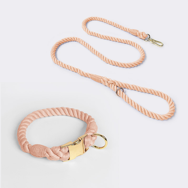 V888-ELOSUNG31261-202505301205-00 Handmade Rope Dog Collar and Leash Set - Colorful Woven Cotton Cotton (Leather pink - Size S) - Image 1